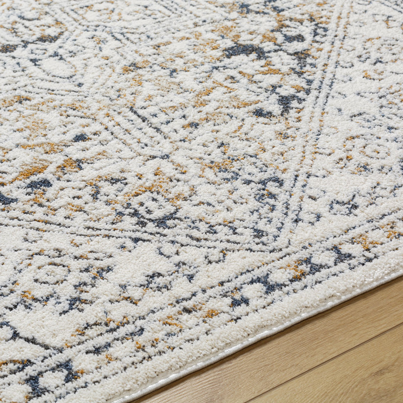 Rectangle Denisia Oriental Machine Woven Polyester Area Rug in Cream/Blue, Rectangle 5'3" x 7'