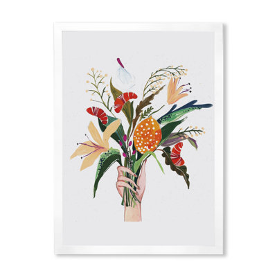 Femme tenant un bouquet de fleurs avec des fruits - Peinture sur toile