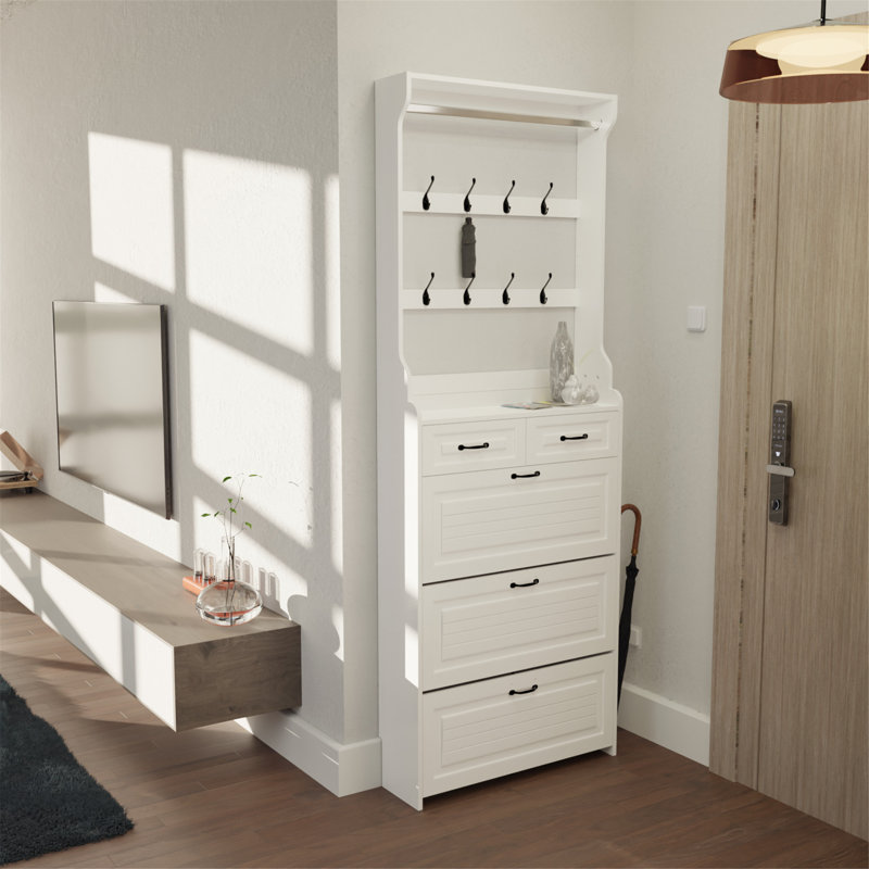 Versatile Shoe Cabinet with Multiple Compartments and Hanger for Efficient Storage, White