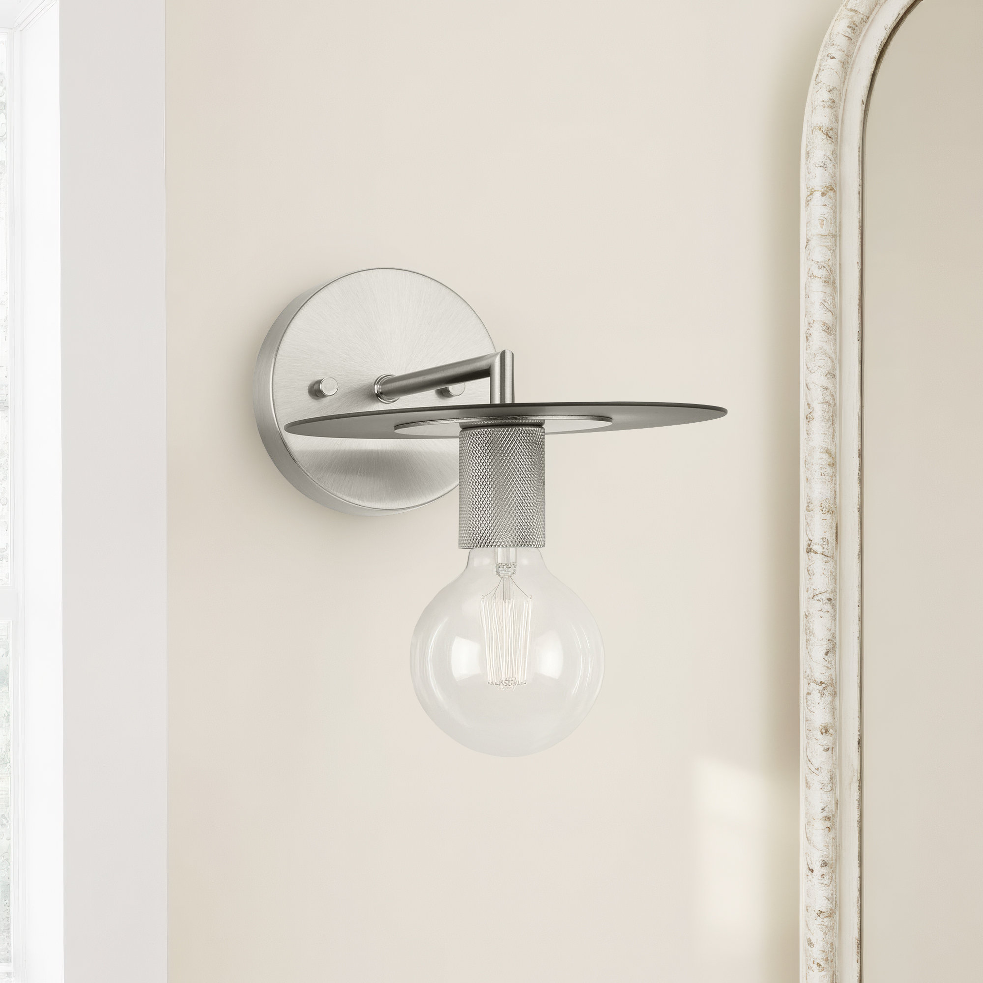 Single Light Steel Dimmable Armed Sconce, Brushed Nickel
