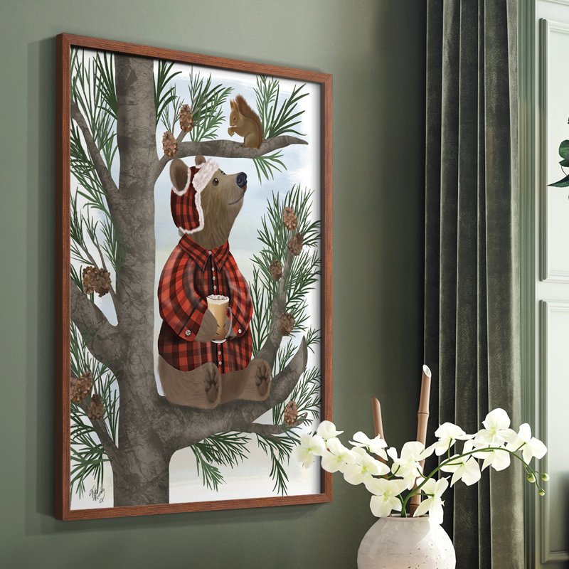 «Lumberjack Bear Pine Tree Coffee Break», reproduction encadrée - bois massif, Brun, H 10 po x l 8 po