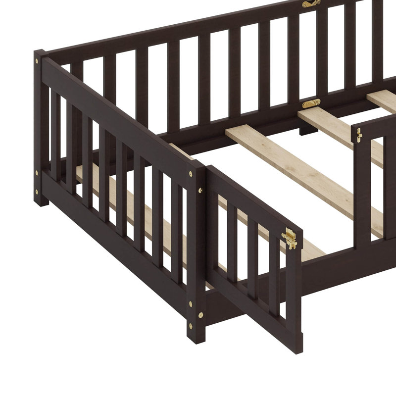 Lit de plancher en bois d'hévéa - clôture, porte et garde-corps de sécurité, Lit simple, Espresso