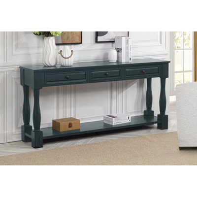63" Long Navy Wood Console Table With Shelf, Transitional Style For Hallway, Entryway, Living Room, Quality, Assembly Needed Drawers And Mediterranean Required