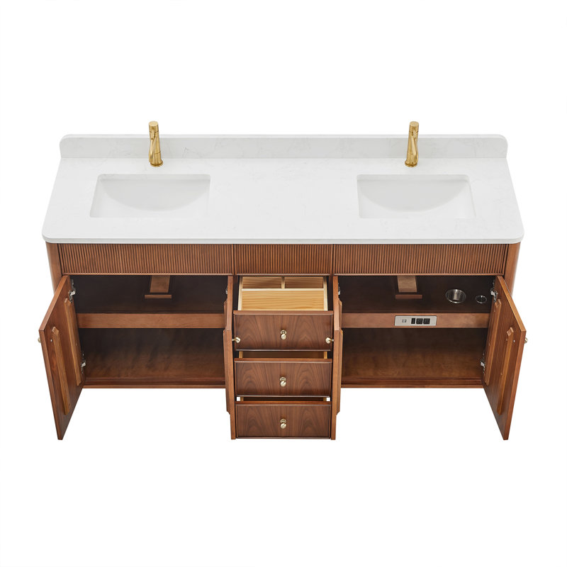 Meuble-lavabo à double cuve en noyer naturel avec dessus en pierre composite Stanwell, Noyer naturel