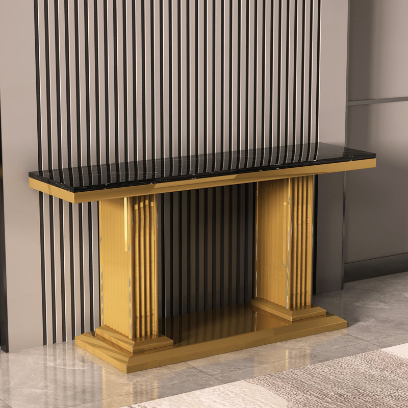 Halonna 59.1'' Marble Top Console Table, Gold, Black Marble