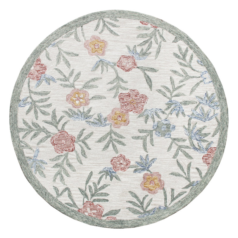 Tapis rond gris en laine crocheté à la main gris / jaune / rouge, Rond 6 pi