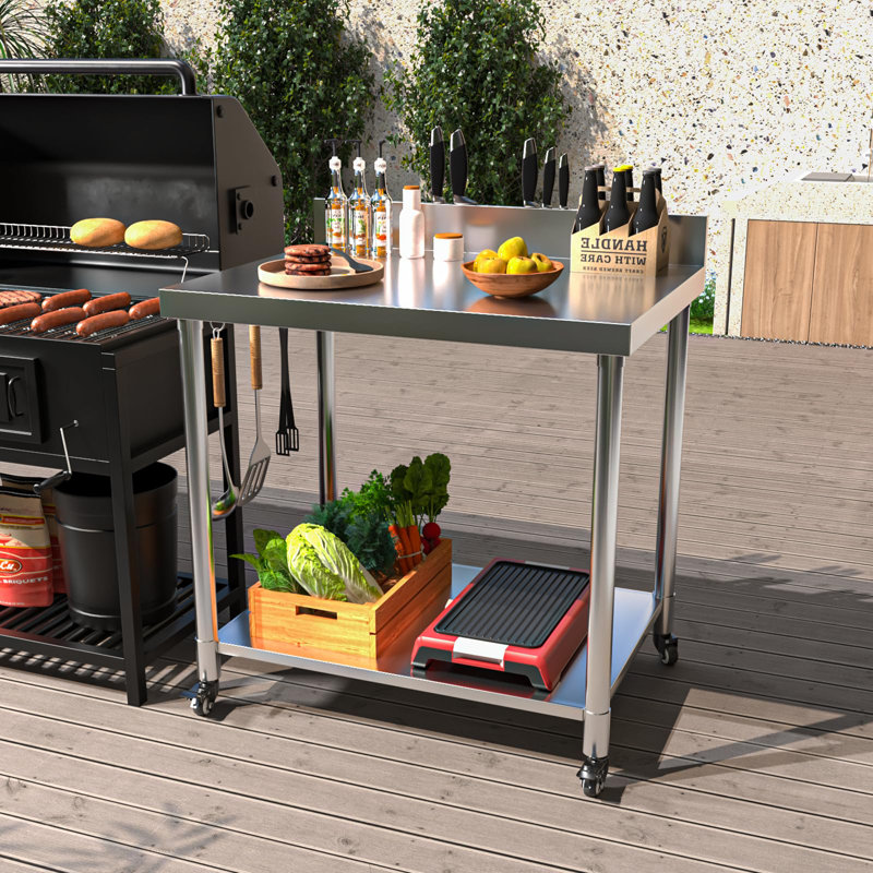 Prep Tables For Commercial Kitchen Steel Countertop With 2 Adjustable Tier Overshelves, 38" H x 36" L x 30" W