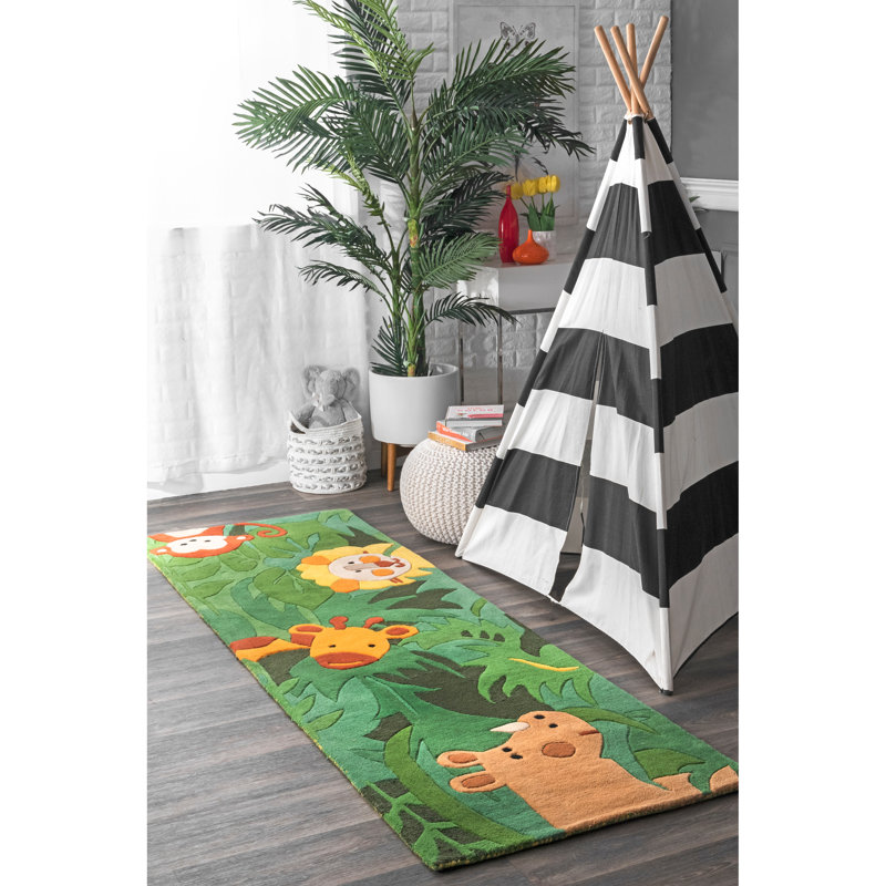 Tapis vert en laine Cradle Safari Friends, Tapis de couloir 2 pi 6 po x 8 pi