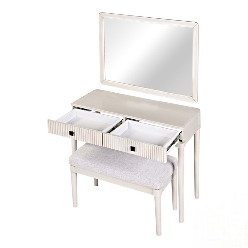 Bureau de coiffeuse moderne avec miroir et tabouret, bureau à domicile avec 2 grands tiroirs pour le maquillage et le rangement