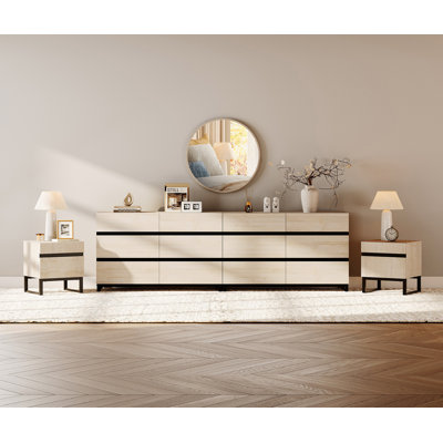 4-Piece Modern Bedroom Furniture Set, 94.5-Inch Dresser With 12 Drawers And 2 Nightstands With 2 Drawers, Bedroom Set Of 4 by Ebern Designs