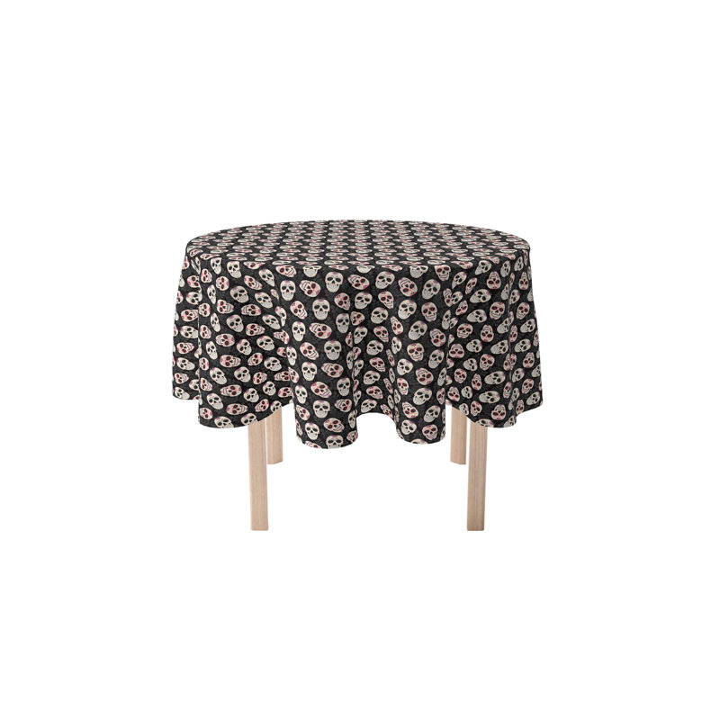 Geometric Round Halloween Tablecloth, 84" L x 84" W, Dia De Los Muertes Skulls