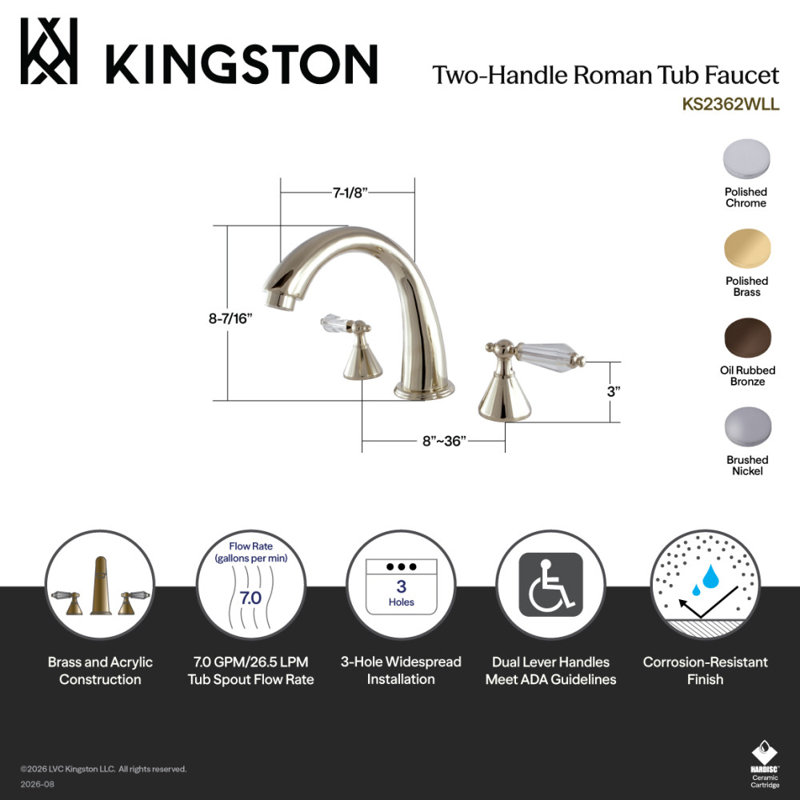 Robinet de baignoire romaine à trois poignées à fixation sur comptoir à 3 trous Kingston Brass Wilshire, Chrome poli