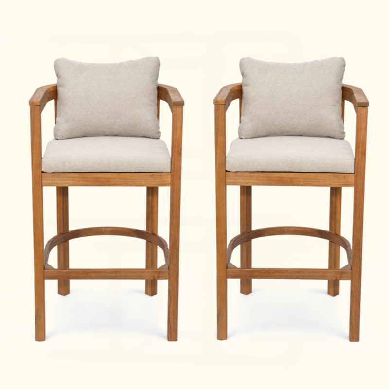 Tabouret d'extérieur en bois avec coussin, ensemble de 2, Teck
