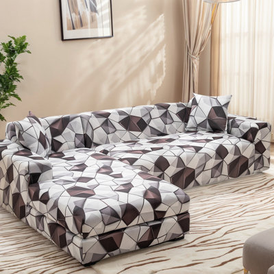 Housse pour canapé modulaire en L, housse extensible 2 pièces avec bords élastiques et 2 housses de coussin, housse de protection pour meubles imprimée