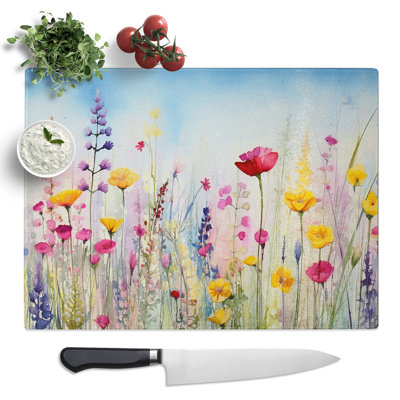 Wildflowers Watercolour  Glass Chopping Board