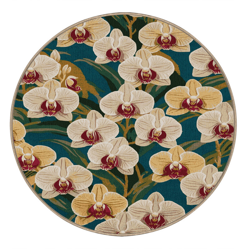 Tapis botanique brun lavable à la machine, Rond 5 pi