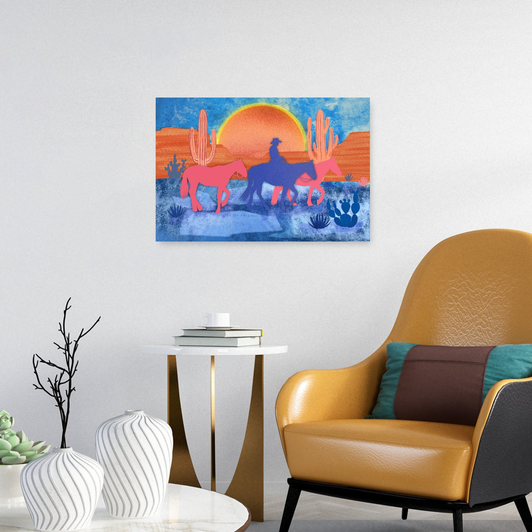 Cowboy Desert Journey Abstract Contemporary Cactus Horse Landscape Sunset Wall Art Print