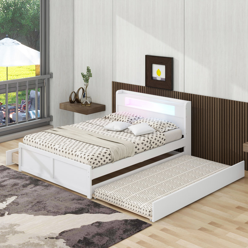 Grand lit plateforme en bois avec rangement à DEL, 2 tiroirs et 1 lit gigogne simple, Blanc