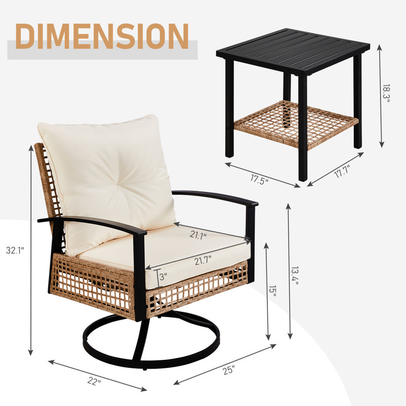 Patio 3-Piece All Weather Wicker Swivel Rocking Bistro Set With Cushions