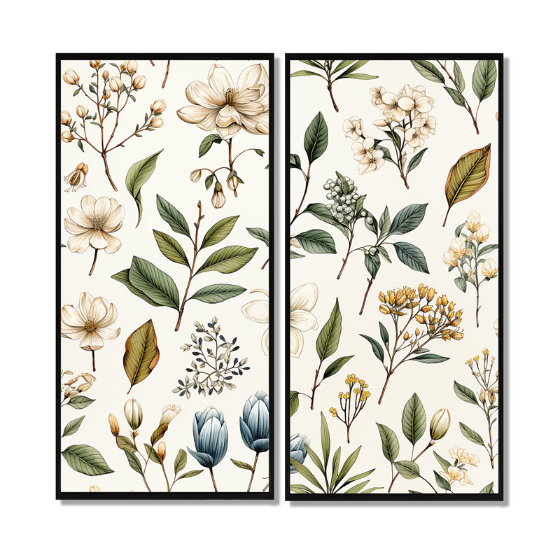 Botanique esquissé - art mural bohème et éclectique beige, 2 pièces, H 32 po x l 32 po, Impression encadrée flottante, Noir