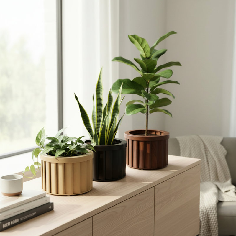Pot de fleurs rond brun foncé, drainage léger prédécoupé en aluminium avec dégagement d'eau, revêtement thermolaqué couleur bois, plateau de rangement interne de 8,21 po de profondeur, 6,15 po de hauteur, 3,03 lb de brun moyen, avec
