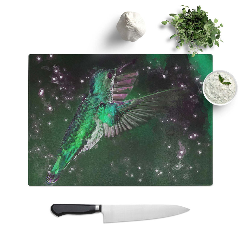Glass Green-Crowned Hummingbird in Abstract Chopping Board, 39 cm W x 28.5 cm L