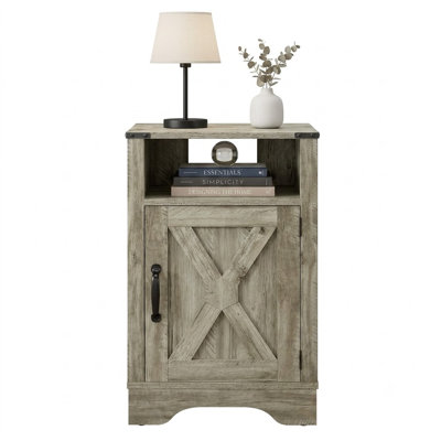 25" H Farmhouse Wooden End Table With Charging Station, Warm Grey Rustic Nightstand With Storage Cabinet And Open Shelf