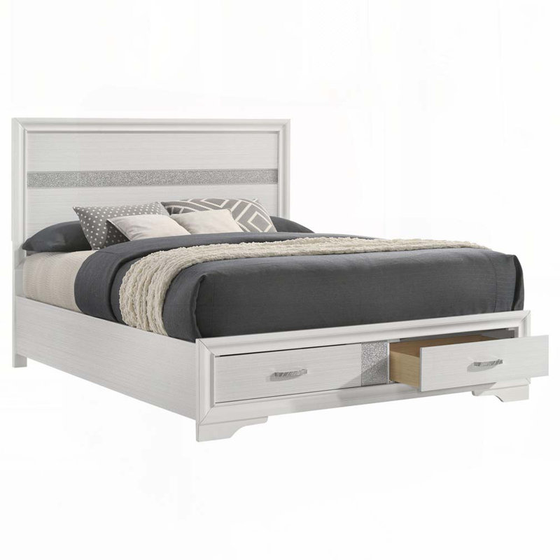 Storage Panel Bed with 2 Drawer, White, Queen