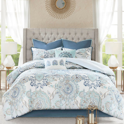 Édredon réversible en coton bleu très grand - 8 pièces, imprimé floral avec médaillon, comprend des taies décoratives européennes et des coussins décoratifs en pièce réversible, imprimé botanique, coussins brodés,