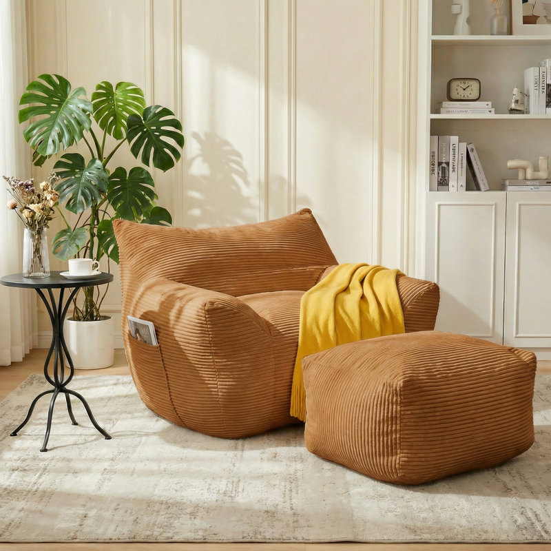 Oversized Adult Bean Bag Chair - High-Resilience Shredded Foam Ergonomic Lazy Sofa with Ottoman for Living Room Bedroom Dorm