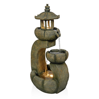 32"H Layered Pagoda Polystone Fountain with LED Lights for Garden, Patio & Lawn