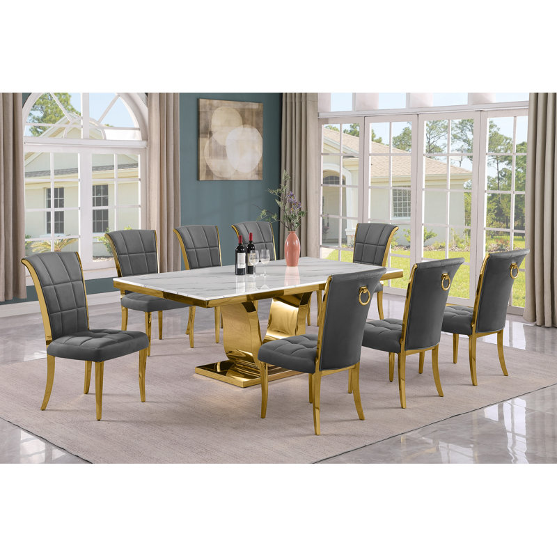 Horrace Marble Top Pedestal Dining Set, Gray/Gold, 9