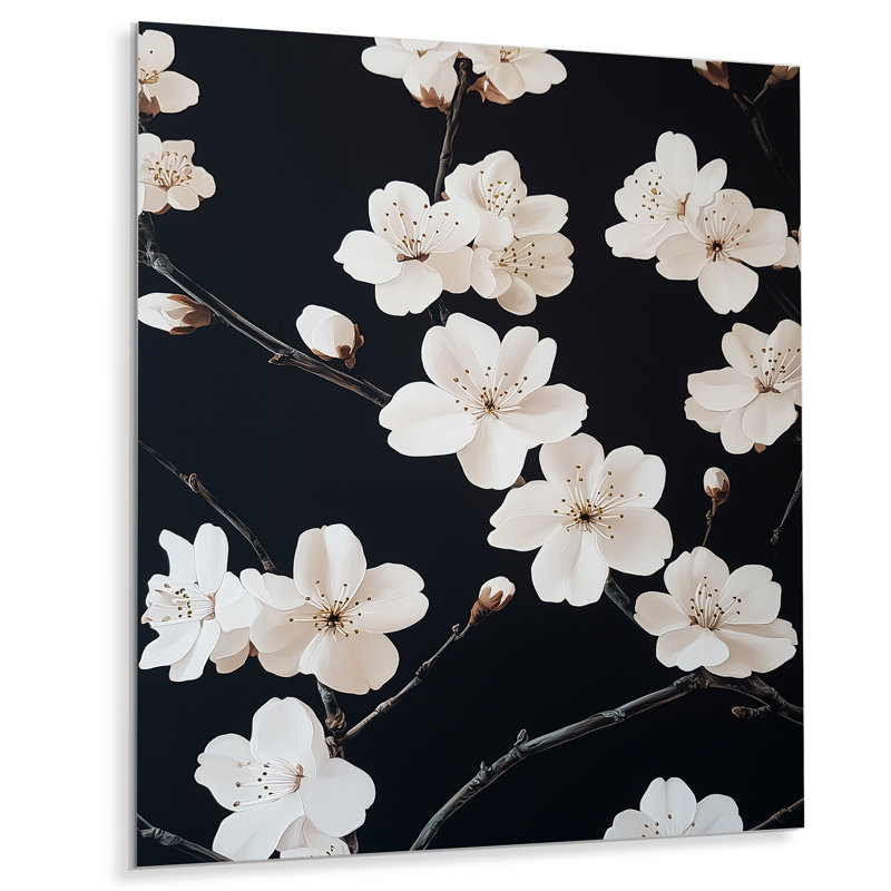 Branche de fleurs ivoire I - Décoration murale florale en métal, H 32 po x l 16 po