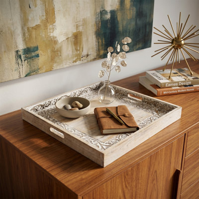 Square Tray, Hand-Carved Interior, Mango Wood Serving Plate, Openwork Handles On The Sides, Distressed Vintage White, Modern Farmhouse Style
