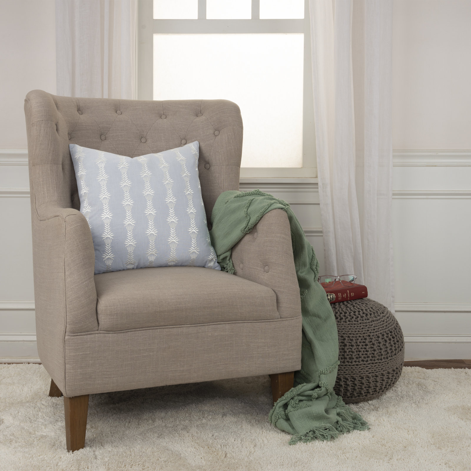 Tasha Embroidered Cotton Throw Pillow, Light Blue