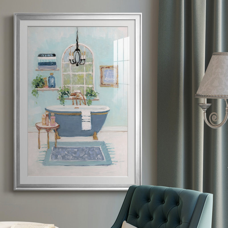 Blue Bath I - peinture encadrée, H 30,5 po x l 42,5 po x P 1,5 po, Argent