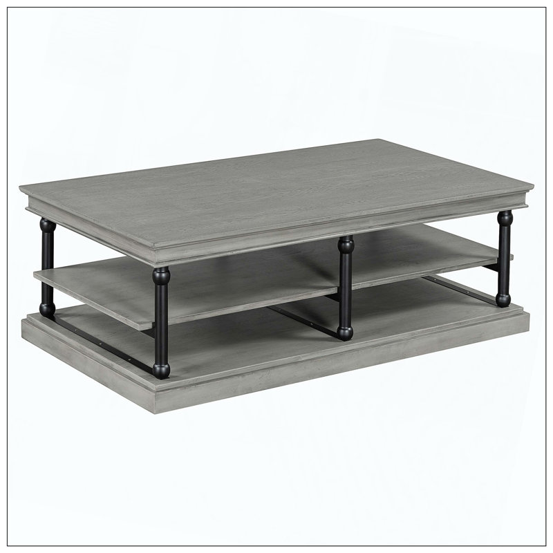 Alfonso Coffee Table With Wooden Legs & 2 Open Shelves, Gray