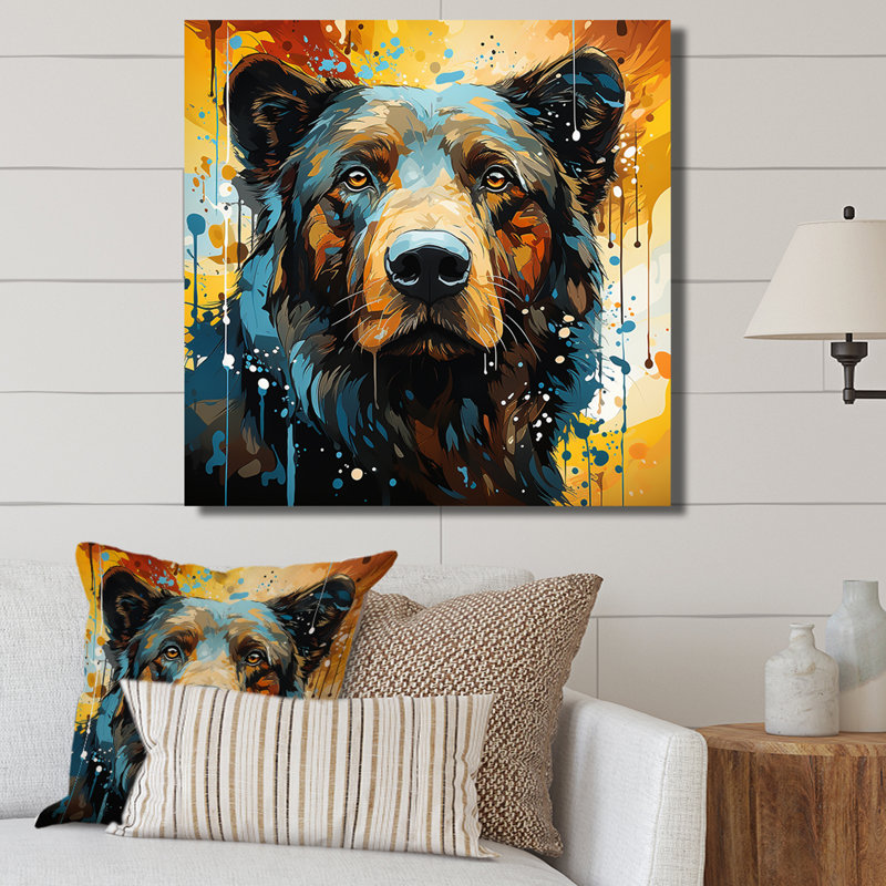 Portrait d'ours bleu et jaune - impressions encadrées d'ours, H 36 po x l 36 po x P 1,5 po, Toile tendue