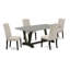 Ensemble 9 pièces avec un magnifique petit plateau de table Jacobean patiné et 8 chaises de salle à manger en peau de mouton avec têtes de clous et boutons capitonnés, finition noire brossée-944329207-944610694