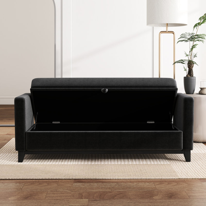 Banc de rangement noir de 66 pouces avec pieds en bois massif et 2 traversins, parfait pour le bout du lit, la chambre à coucher ou le salon, avec entrée en tissu respirant cannelé, pieds équipés, caché