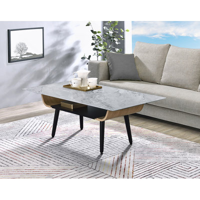 Table basse l 47 po avec plateau en verre marbré gris et bois cintré