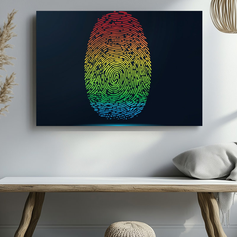 Toile à motif d'empreintes digitales abstraites sur fond noir profond mettant en valeur un spectre de couleurs
