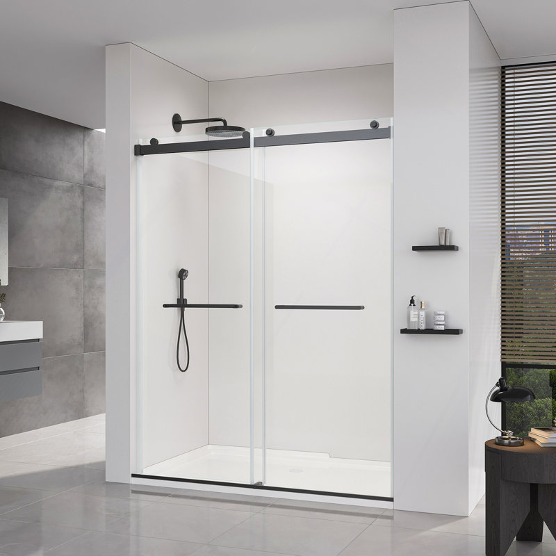 56-60 * 76 "Porte de douche coulissante double sans cadre à fermeture en douceur avec verre trempé de qualité supérieure (8 mm) et revêtement facile à nettoyer