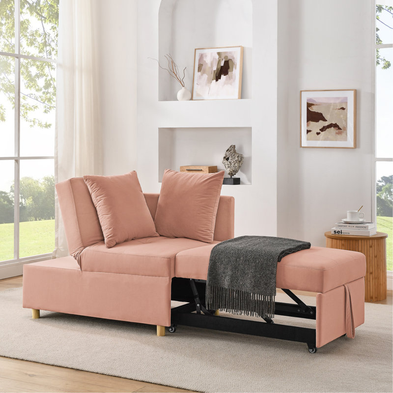 Convertible Sleeper Sofa Chair Adjustable Backrest Recliner with Pullout Sofa Bed, Pink Linen