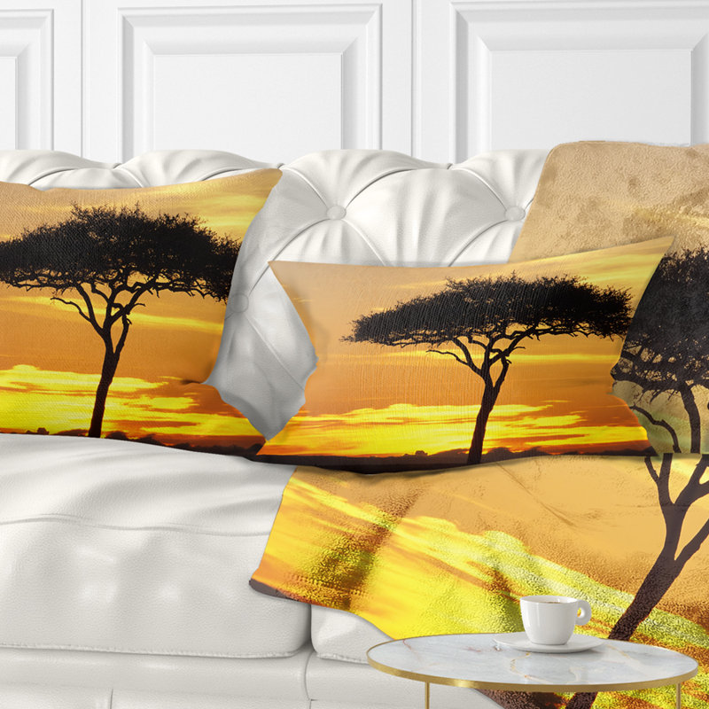Coussin lombaire à imprimé paysage de soleil à l’arbre d’acacia