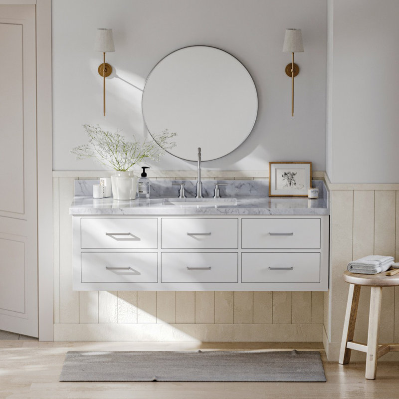 Ensemble de meuble-lavabo mural simple 61 po, Blanc, Nickel brossé