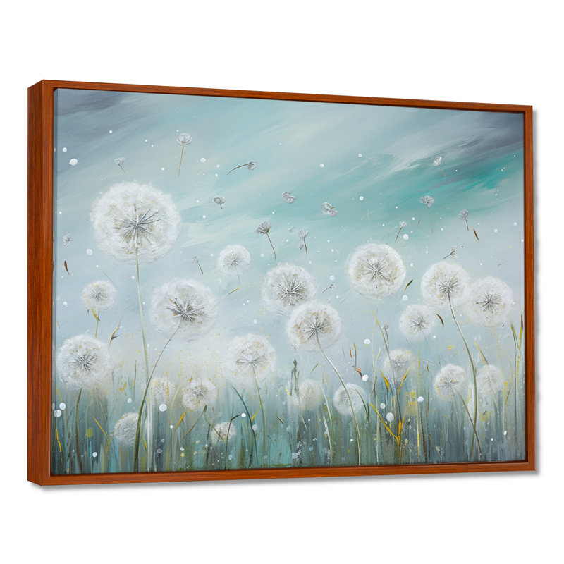 «Dandelion Field Breeze III», art mural sur toile Flower Field, 34" H x 44" W, Cadre flottant brun