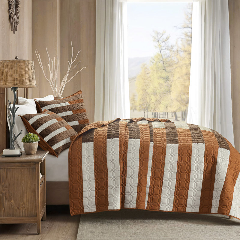 Wonderful Patchwork Striped Microfiber Quilt Set, Brown, Queen Quilt + 2 Standard Shams