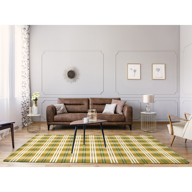 Tapis décoratif bleu sarcelle/jaune/blanc fait à la main plaid, Rectangle 5 pi x 7 pi