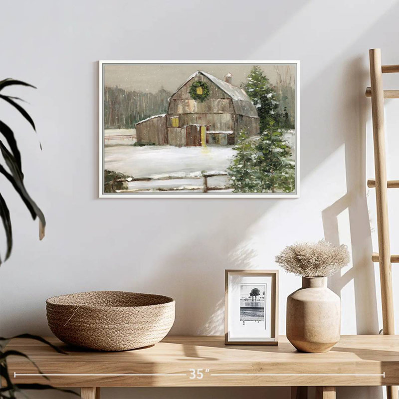 Grange enneigée, 19 po x 13 po, Cadre flottant blanc